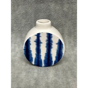 Unbranded Circle Dol Bud Vase Ceramic Small White Blue Flat Round Front and Back